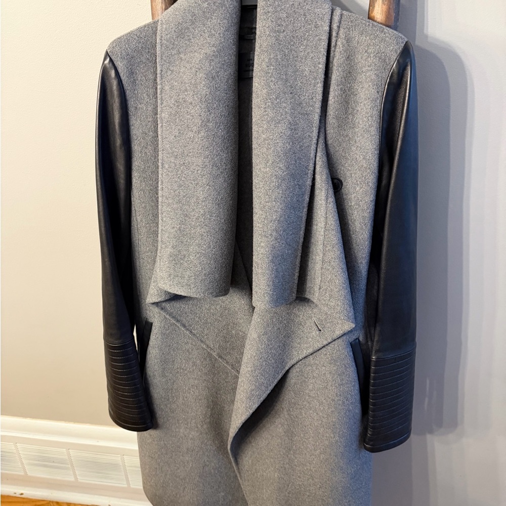 RUDSAK Grey Wool Coat with Black Leather Sleeves